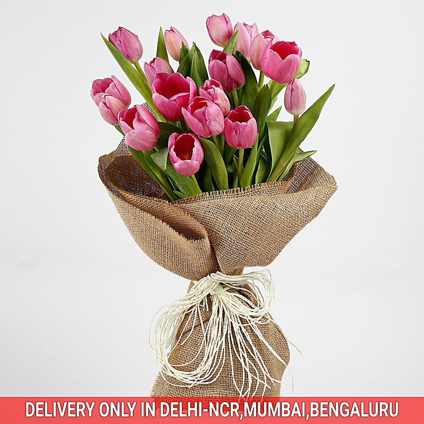18 Purple Tulips Jute Wrapped Premium Bouquet