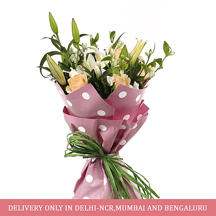 Bunch of Peach and White Flowers:Send Lilies to Bengaluru