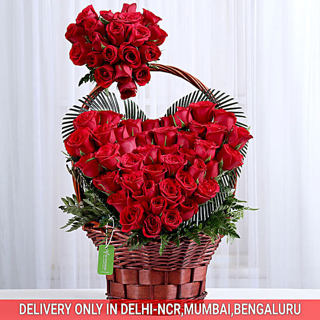 Buy/Send Hearty Love- Red Roses Basket Arrangement Online- FNP