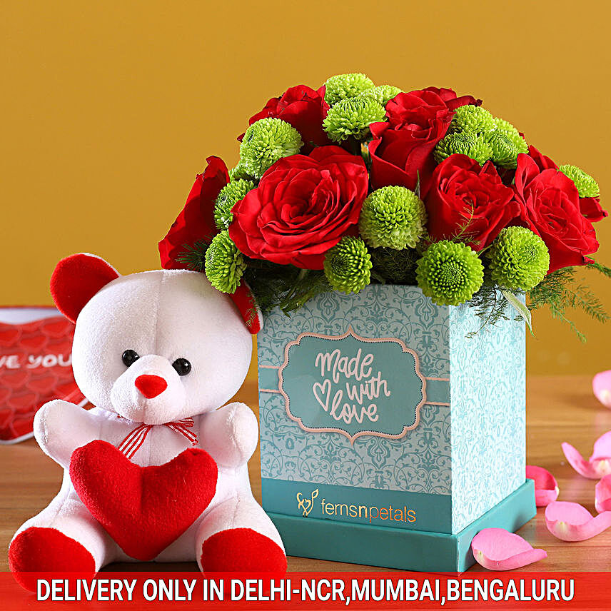 Roses Daisies In Elegant Box Cute Teddy