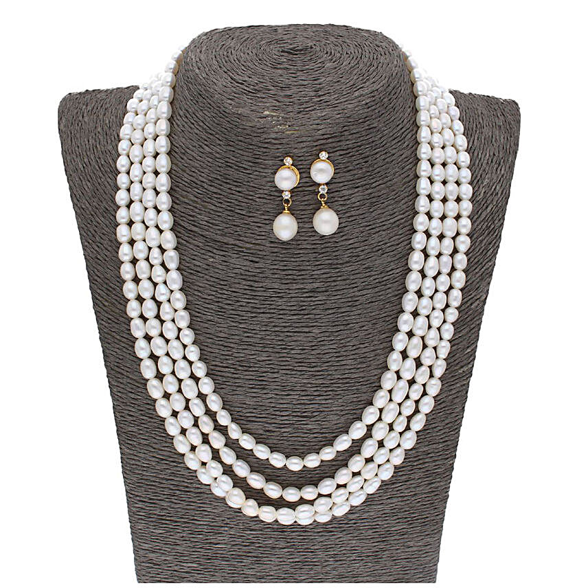 4 Line Oval White Pearl Set