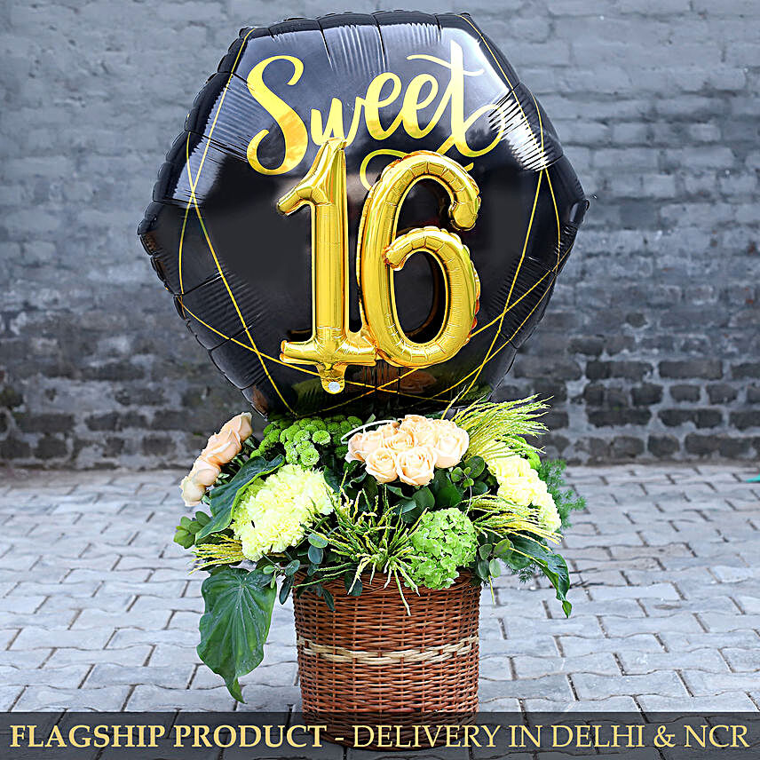 Sweet 16 Balloon & Beautiful Flowers Arrangement