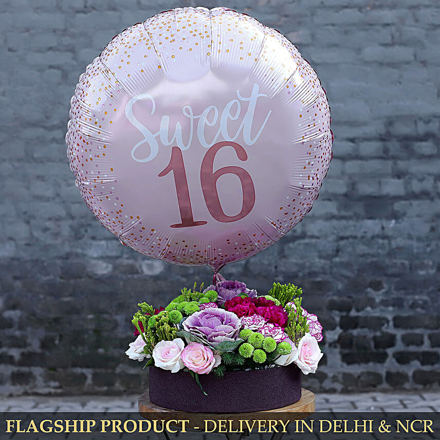 Sweet 16 Balloon & Premium Mixed Flowers Arrangement