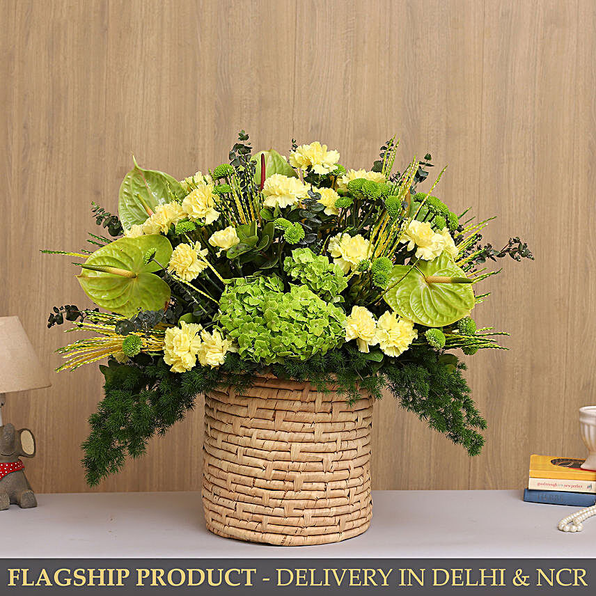 Elegant Mixed Flowers In Textured Cane Basket