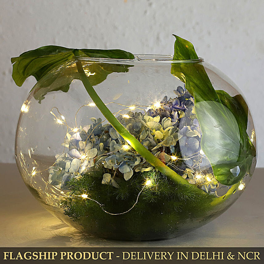 Blue Hydrangea In Fish Bowl With Fairy Light