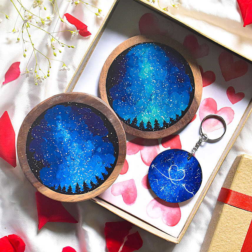 Galaxy Of Love Coasters And Keychain Combo:Coasters Gifts