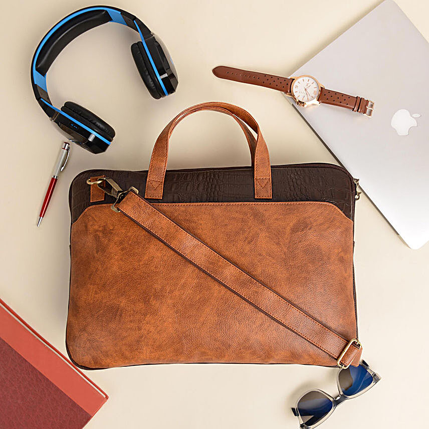 Vivinkaa Tan And Brown Laptop Bag For Men And Women:Handbags