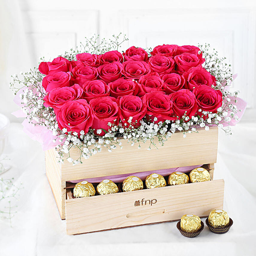 Lovely Roses & Ferrero Rocher Wooden Arrangement