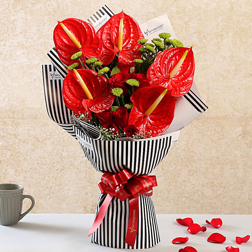 Mixed Flowers Red Ribbon Tied Striped Bouquet:Anthuriums