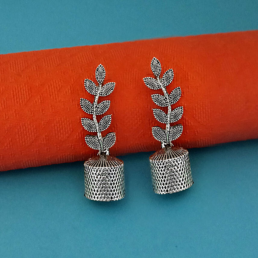 Leaf Motif Oxidised Jhumki Earrings