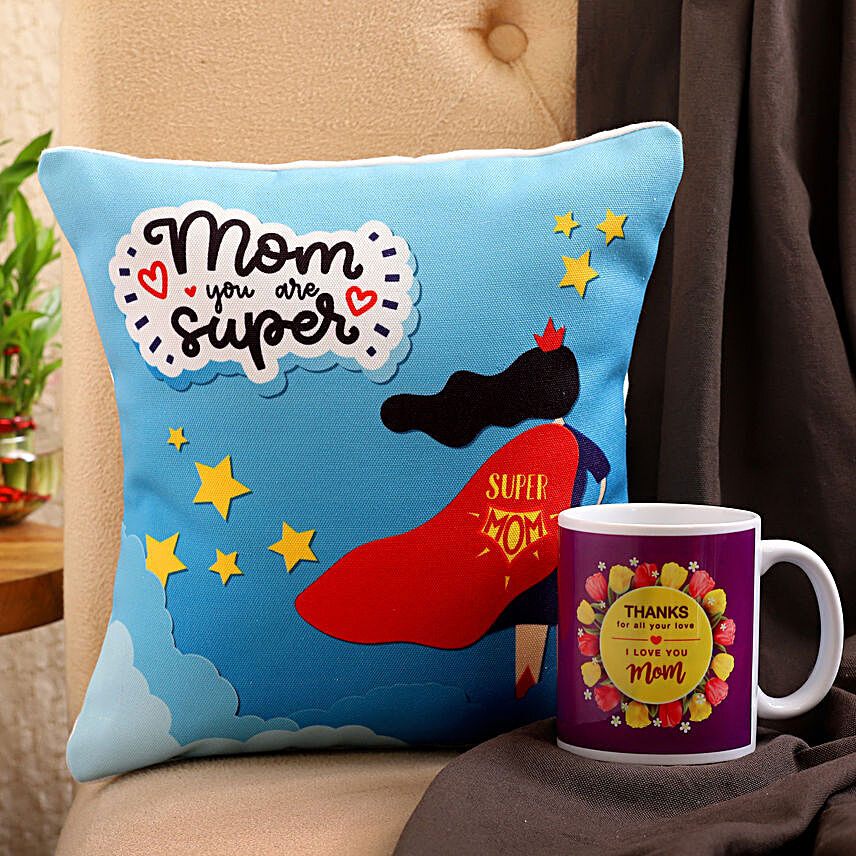 Super Mom Cushion And Mug Combo Hand Delivery:Cushions and Mugs Combo