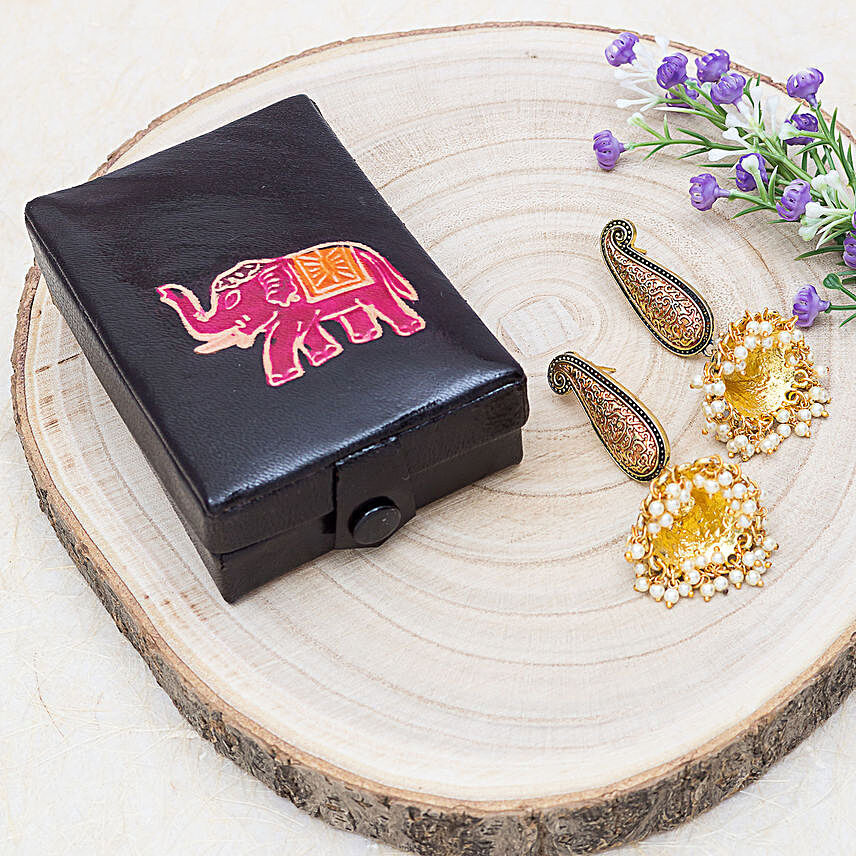 Jhumka Earrings And Handpainted Jewellery Box