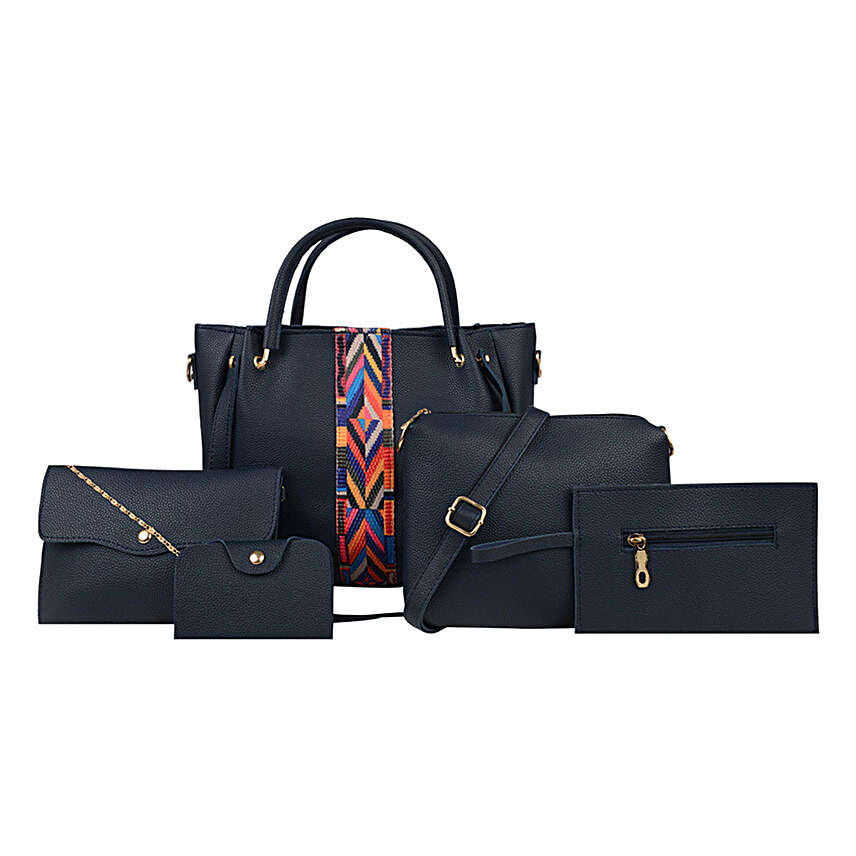 Vivinkaa Leather Embroidered Navy Blue Bags Set Of 5