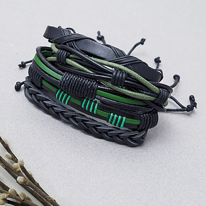 Black Leather Bracelet Set