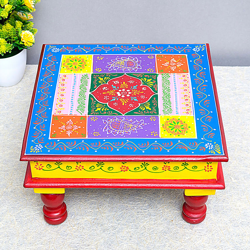 Square Shaped Wooden Multicoloured Pooja Chowki