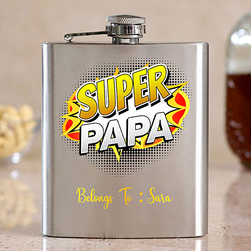 Personalised Super Papa Silver Hip Flask:Bar Accessories