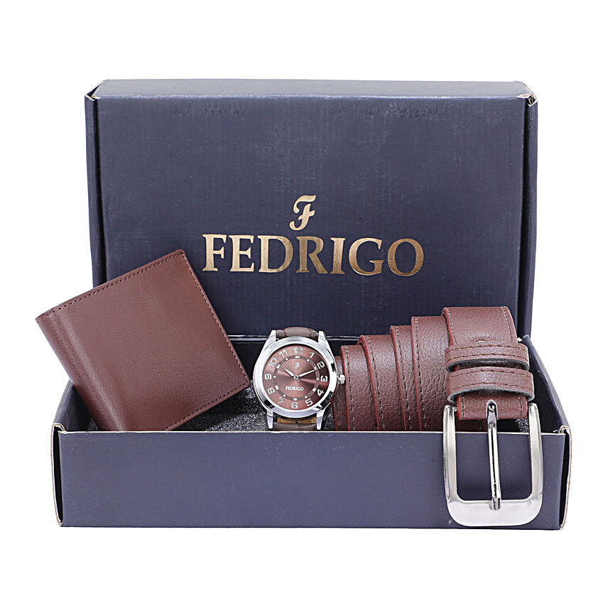Wallet And Watch With Belt Brown
