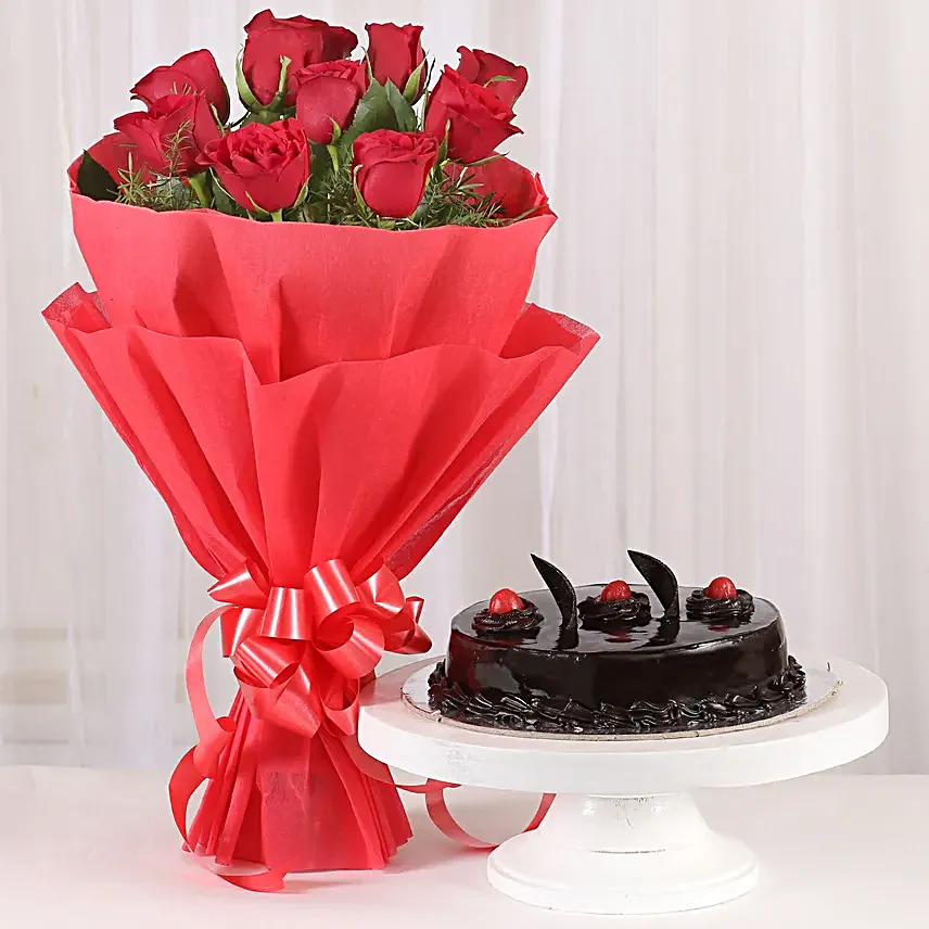 Chocolate Truffle Cake and Red Roses Bouquet