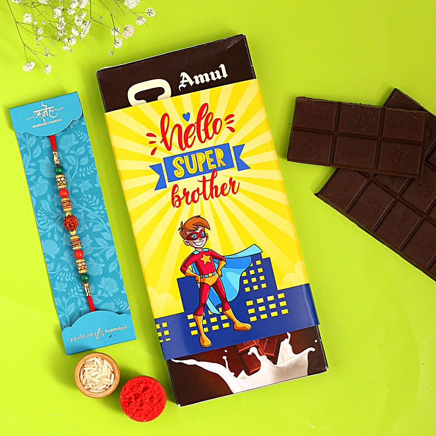 Rakhi Special Amul Chocolate Sleeve And Rudraksha Rakhi:Rakhi With Chocolates Bestsellers