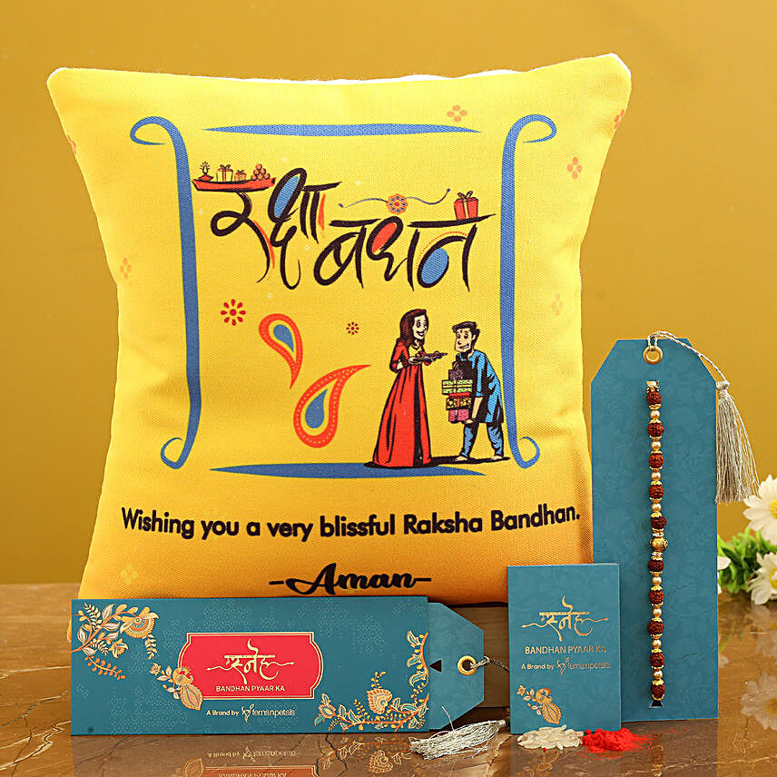 Rudraksha Bracelet Rakhi and Personalised Cushion