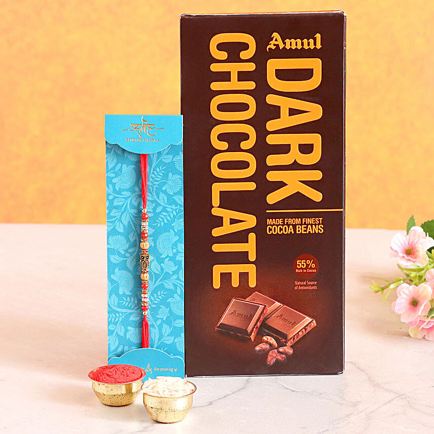 Traditional Pearl Rakhi And Amul Dark Chocolate