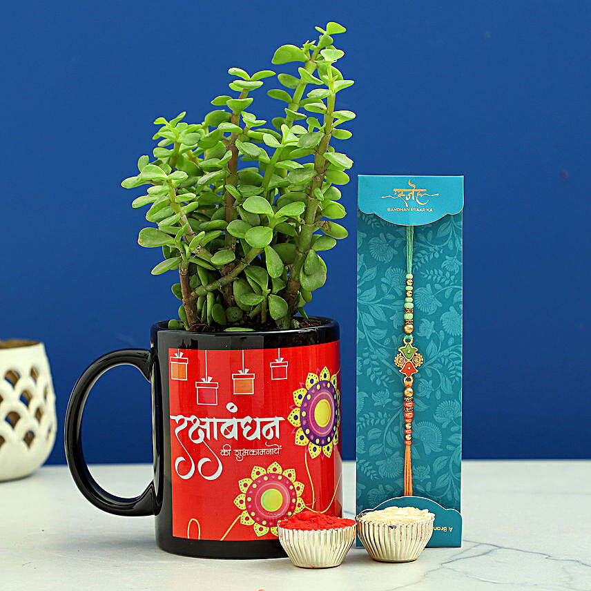 Meenakari Rakhi N Jade Plant In Printed Mug