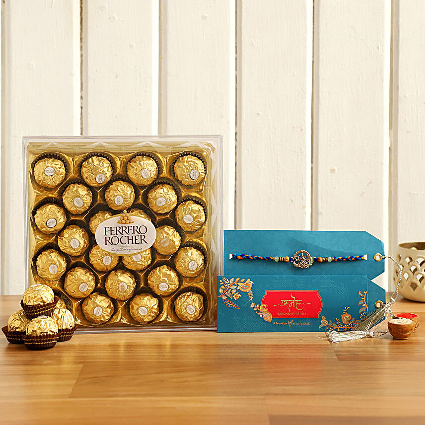 Laxmi Holy Rakhi and Ferrero Rocher Box:Raksha Bandhan Chocolates