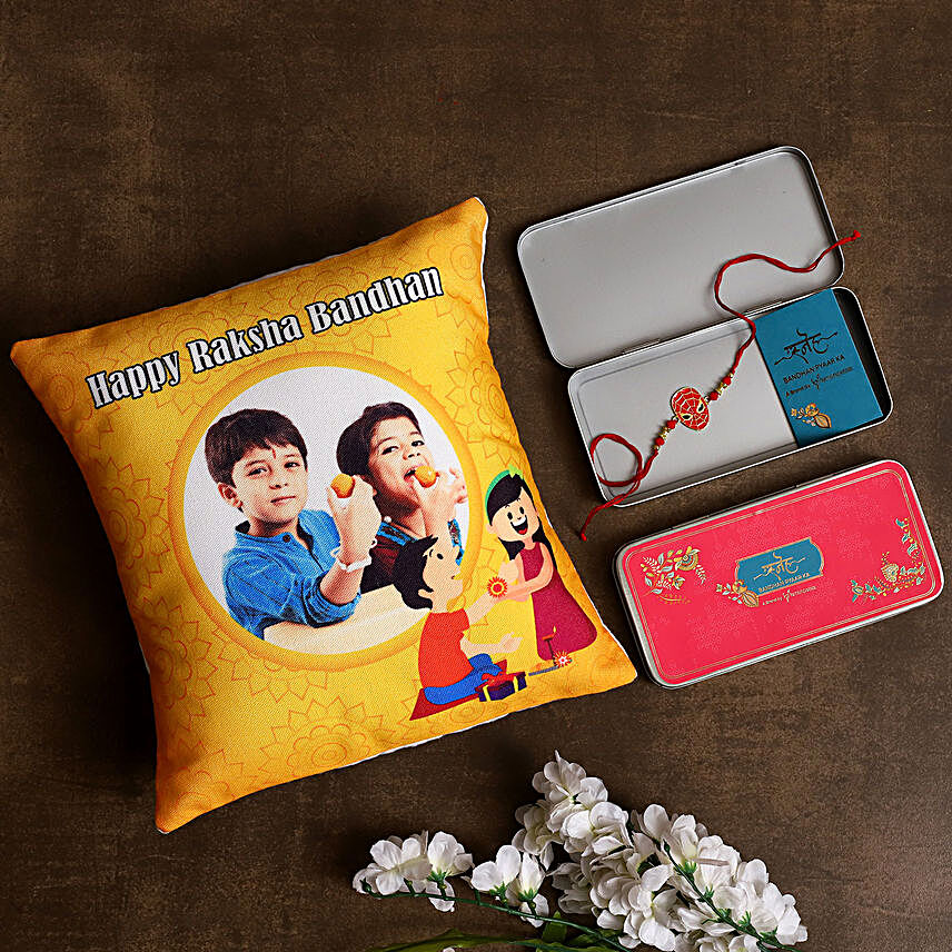 Cute Kids Rakhi & Personalised Cushion Hamper
