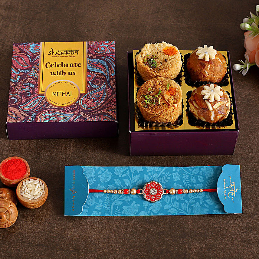 Meenakari Rakhi With Milk Cake and Besan Ladoo:Raksha Bandhan Gifts for Brother