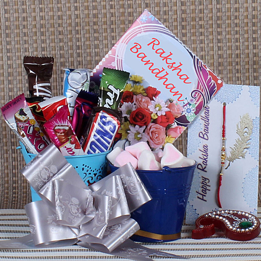 Buy/Send Ethnic Rakhi & Assorted Imported Chocolates Bucket Online FNP