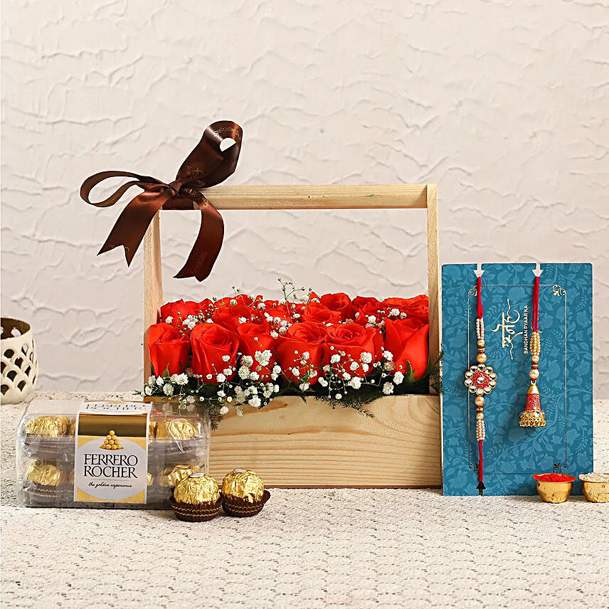 Free Lumba Rakhi Set With Roses Box and Ferrero Rochers