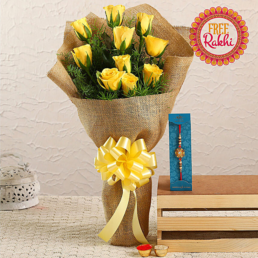 Free Meenakari Rakhi With Yellow Roses Bouquet:Rakhi Offers