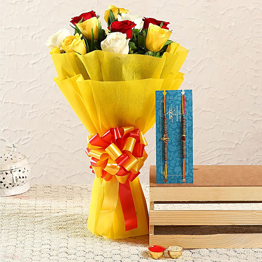 Free Set of 2 Holy Rakhi With Mixed Roses Bouquet:Rakhi Offers