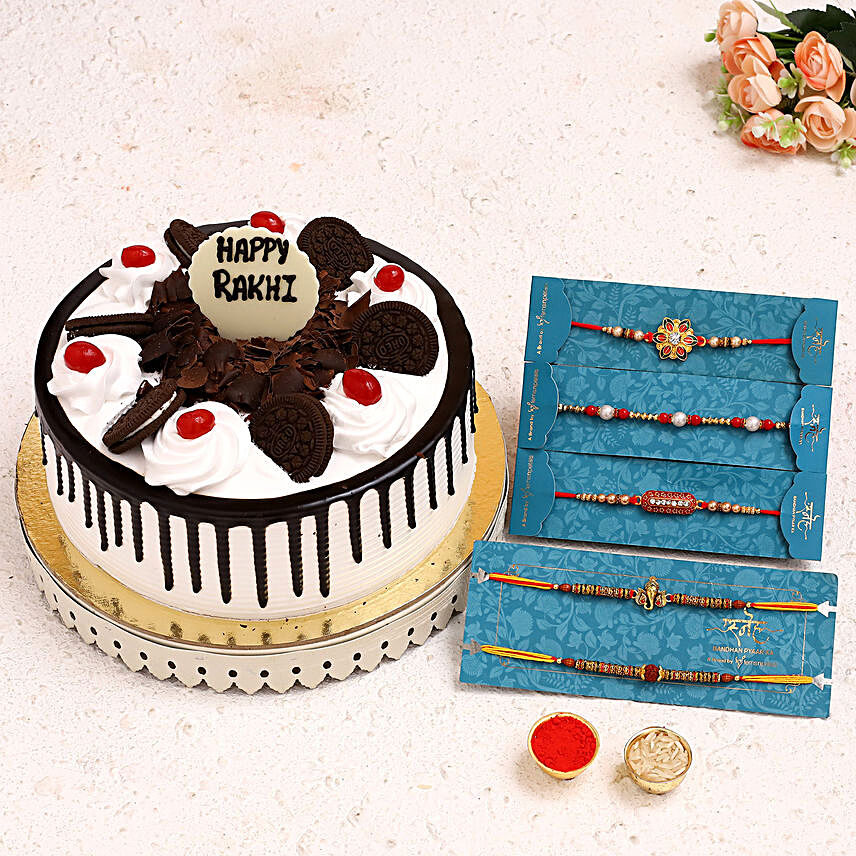 5 Ethnic Rakhis N Black Forest Cake:Order Rakhi with Cakes