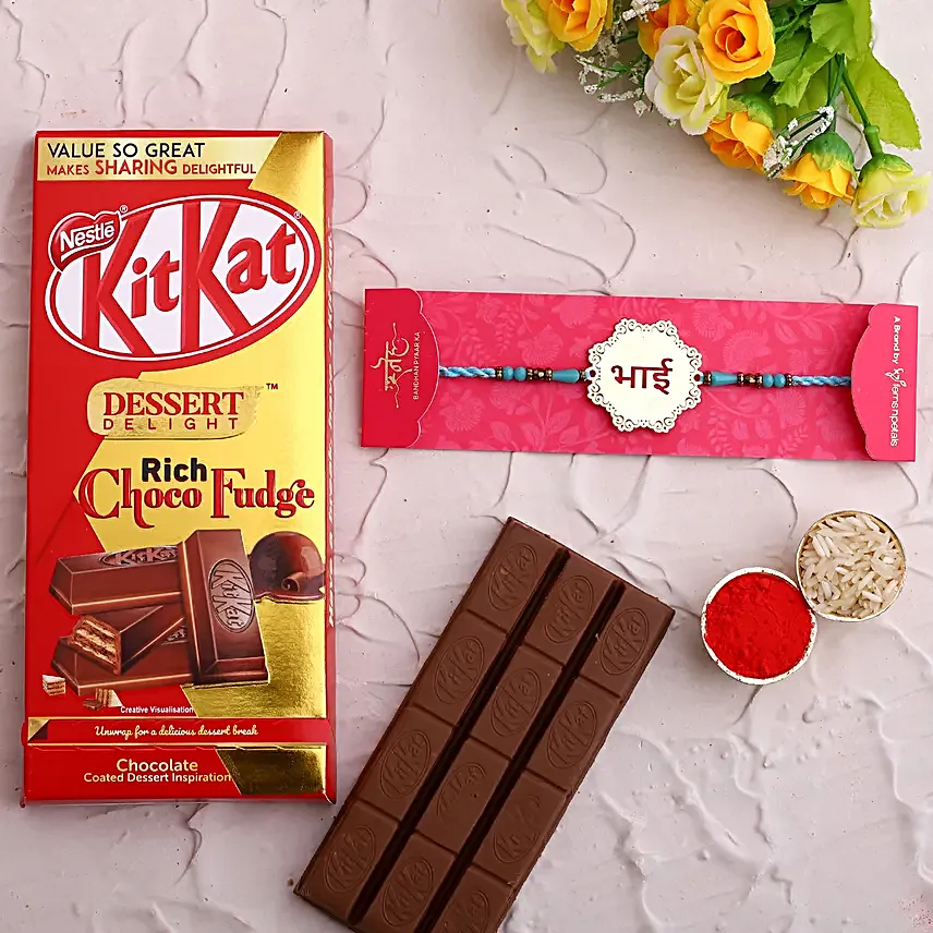 Metal Bhai Rakhi and Kitkat Choco Fudge