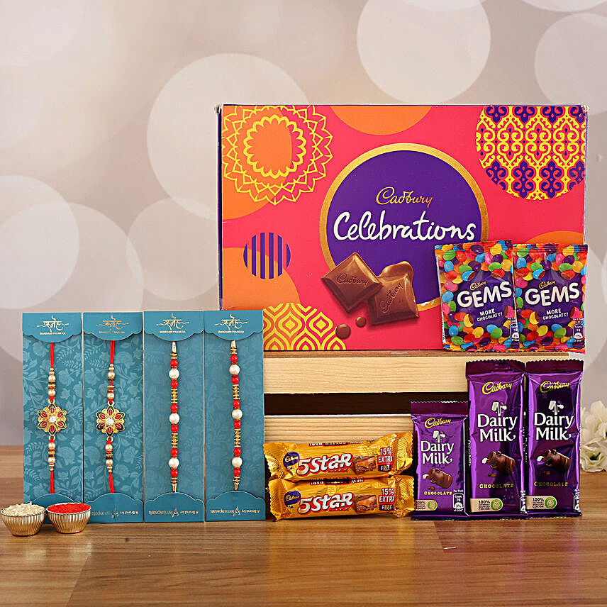 best designer rakhi set with chocolate combo online:Rakhi With Cadbury Chocolates