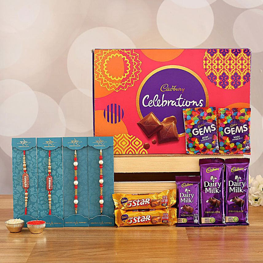 set of designer rakhi with sweet chocolates online:Rakhi With Cadbury Chocolates