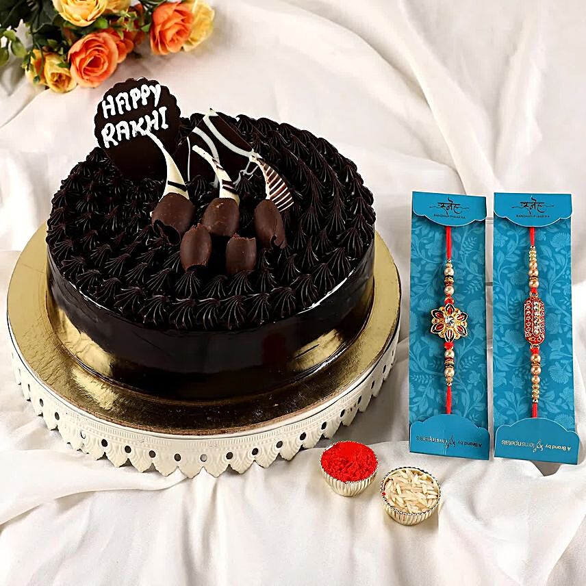 2 Elegant Rakhis N Fudge Brownie Cake