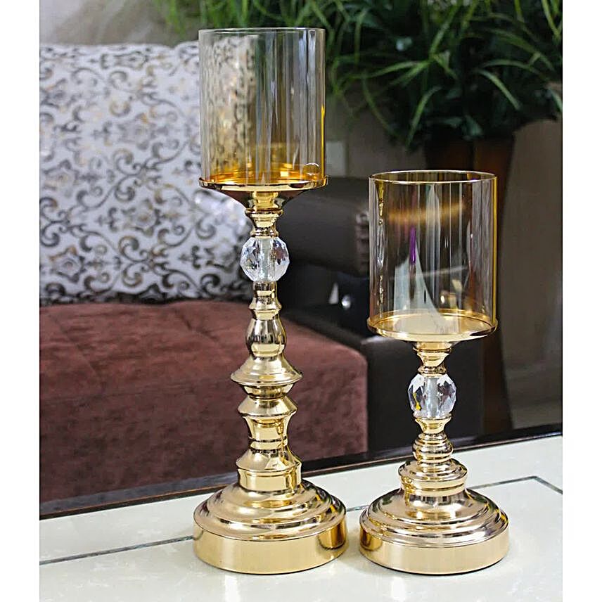 Golden Metal Candle Stand With Glass Set Of 2