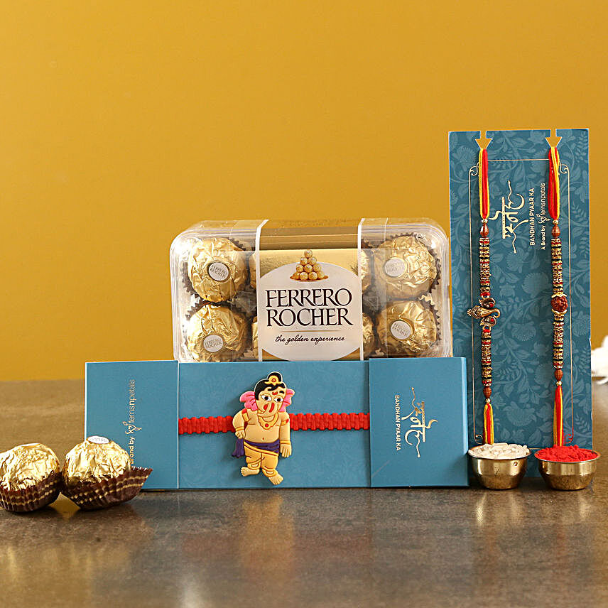 3 Beautiful Rakhis and Ferrero Rocher Box