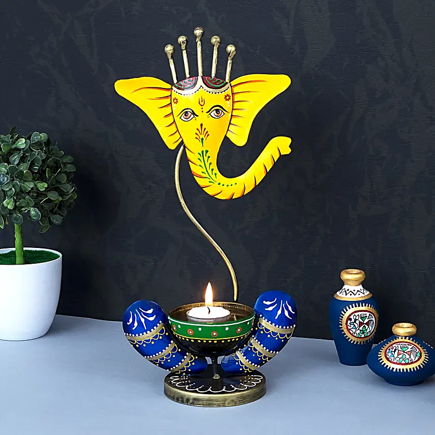 Multicoloured Ganesha Tea Light Candle Holder:Tamil New Year Gifts