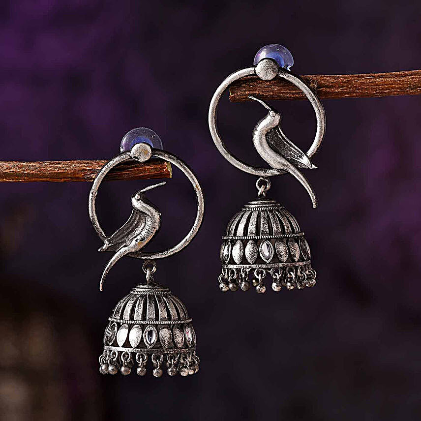 Bird Motif Silver Oxidised Jhumki Style Earrings:Valentines Day Jewellery
