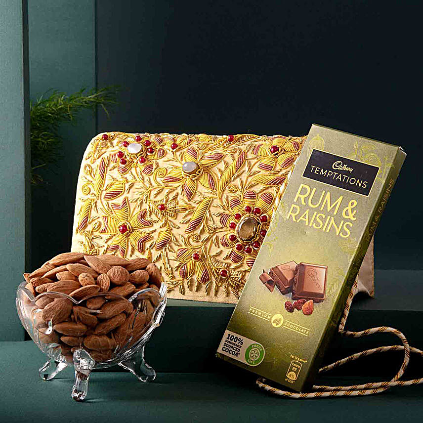 Designer Zari Clutch With Almonds & Chocolate