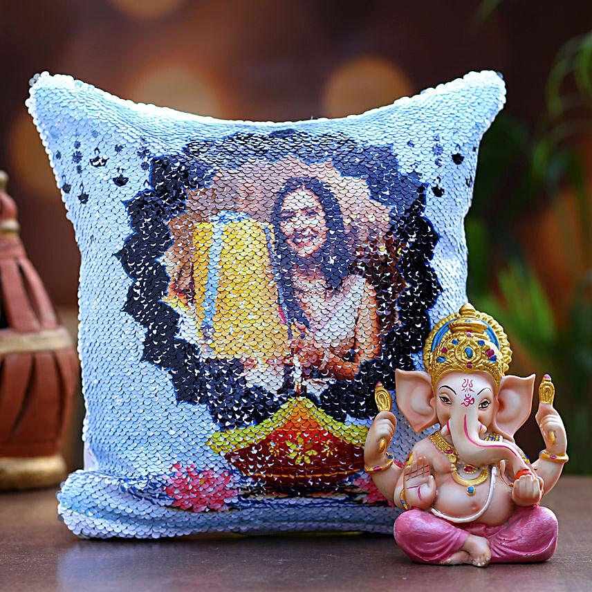 Personalised Diwali Sequin Cushion & Ganesha Idol