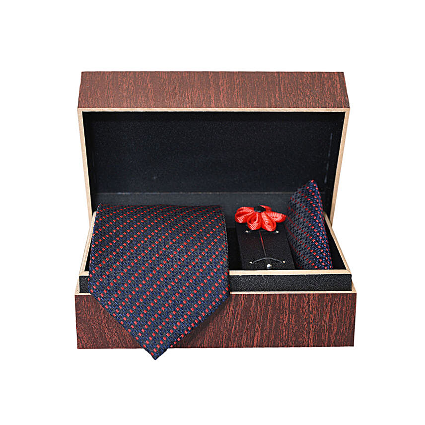 Black & Red Tie With Pocket Square & Lapel Pin