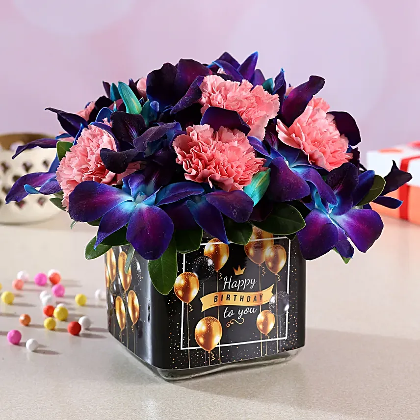 Pink Carnations & Blue Orchids In Black Birthday Vase