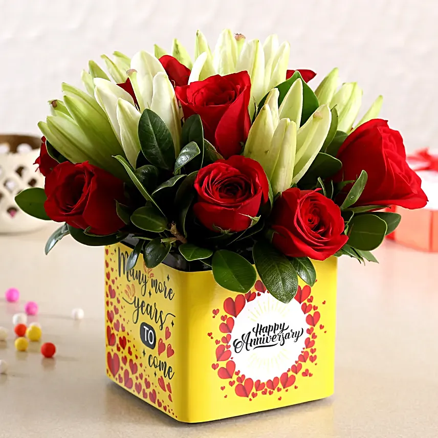 Red Roses & White Lilies In Yellow Anniversary Vase