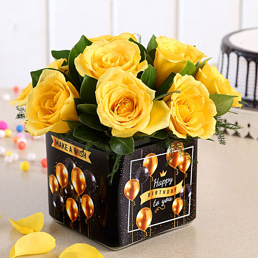 Yellow Roses Happy Bday Vase:Birthday Flowers Delivery In Delhi