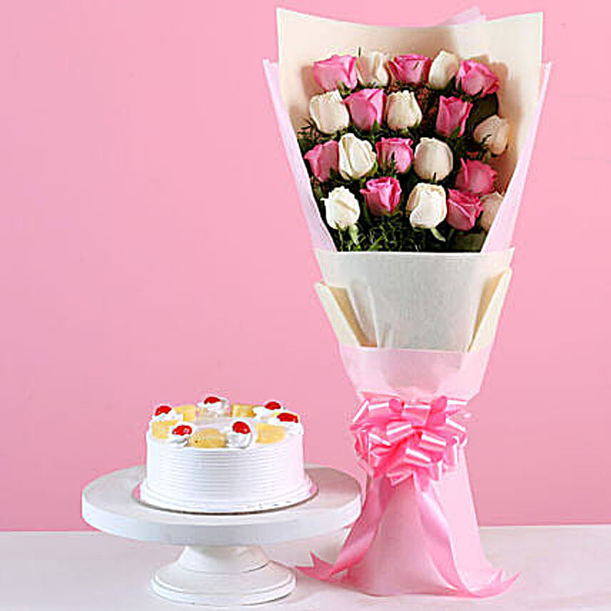 20 Roses Bouquet & Pineapple Cake Combo:Bunch of Flowers
