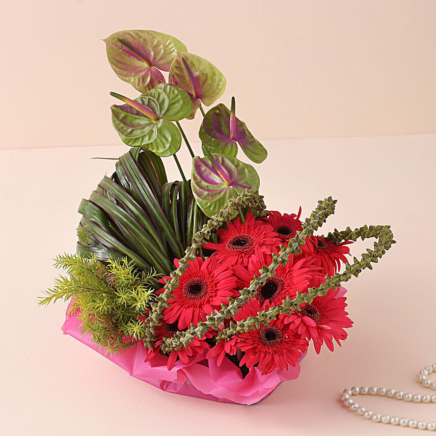 Alluring Gerberas N Anthurium Wooden Tray:Exotic Flowers